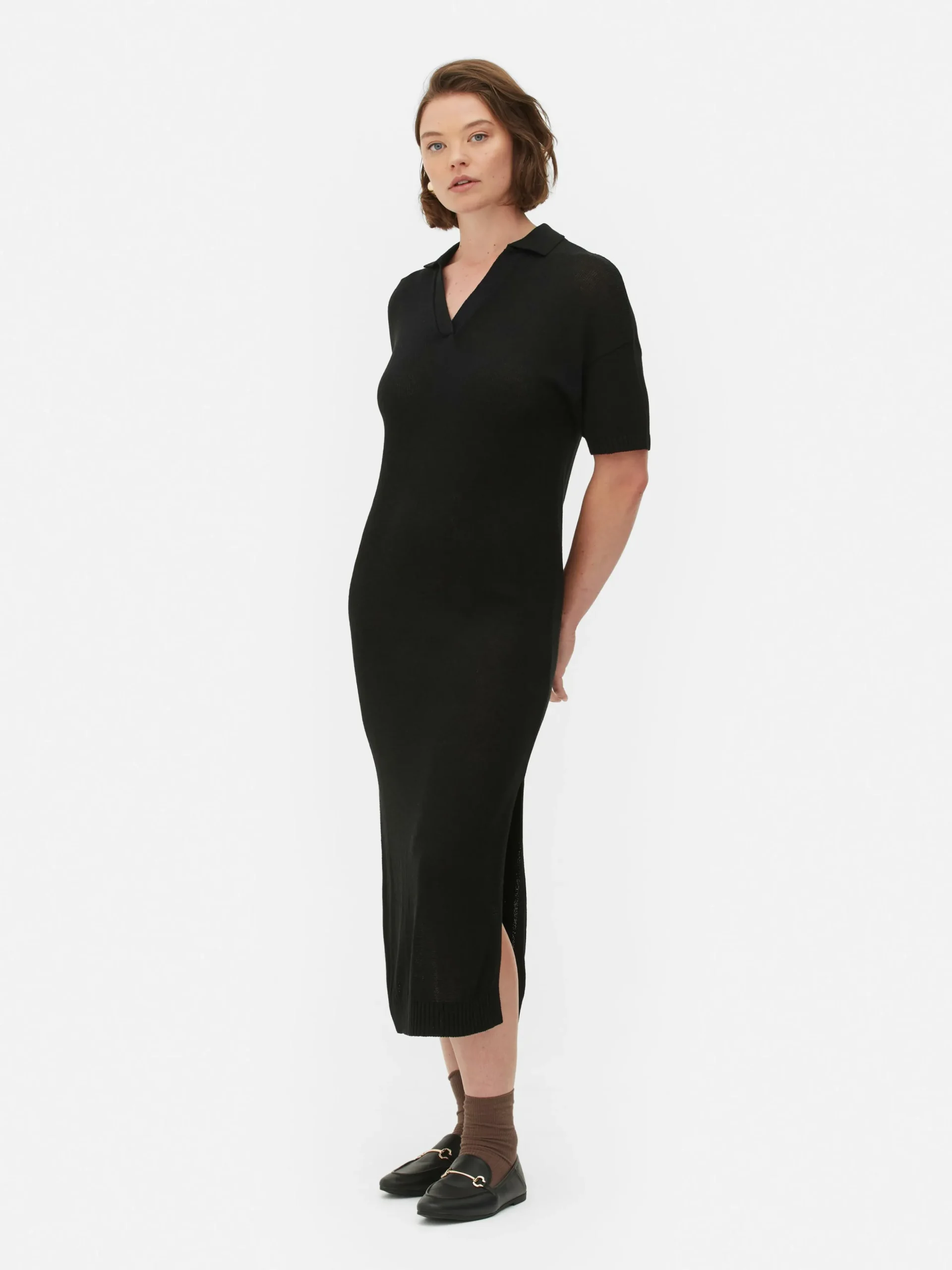 Collared V-Neck Midi Dress