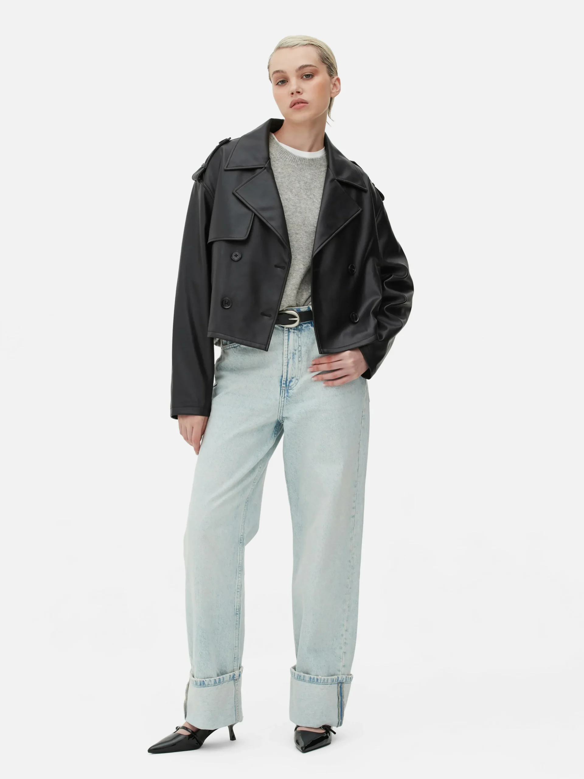 Cropped Faux Leather Trench Coat