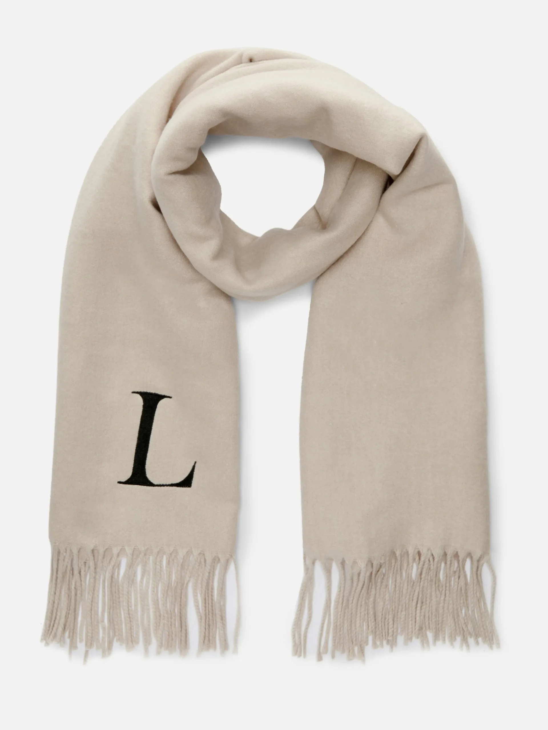 Embroidered Initial Fringed Scarf