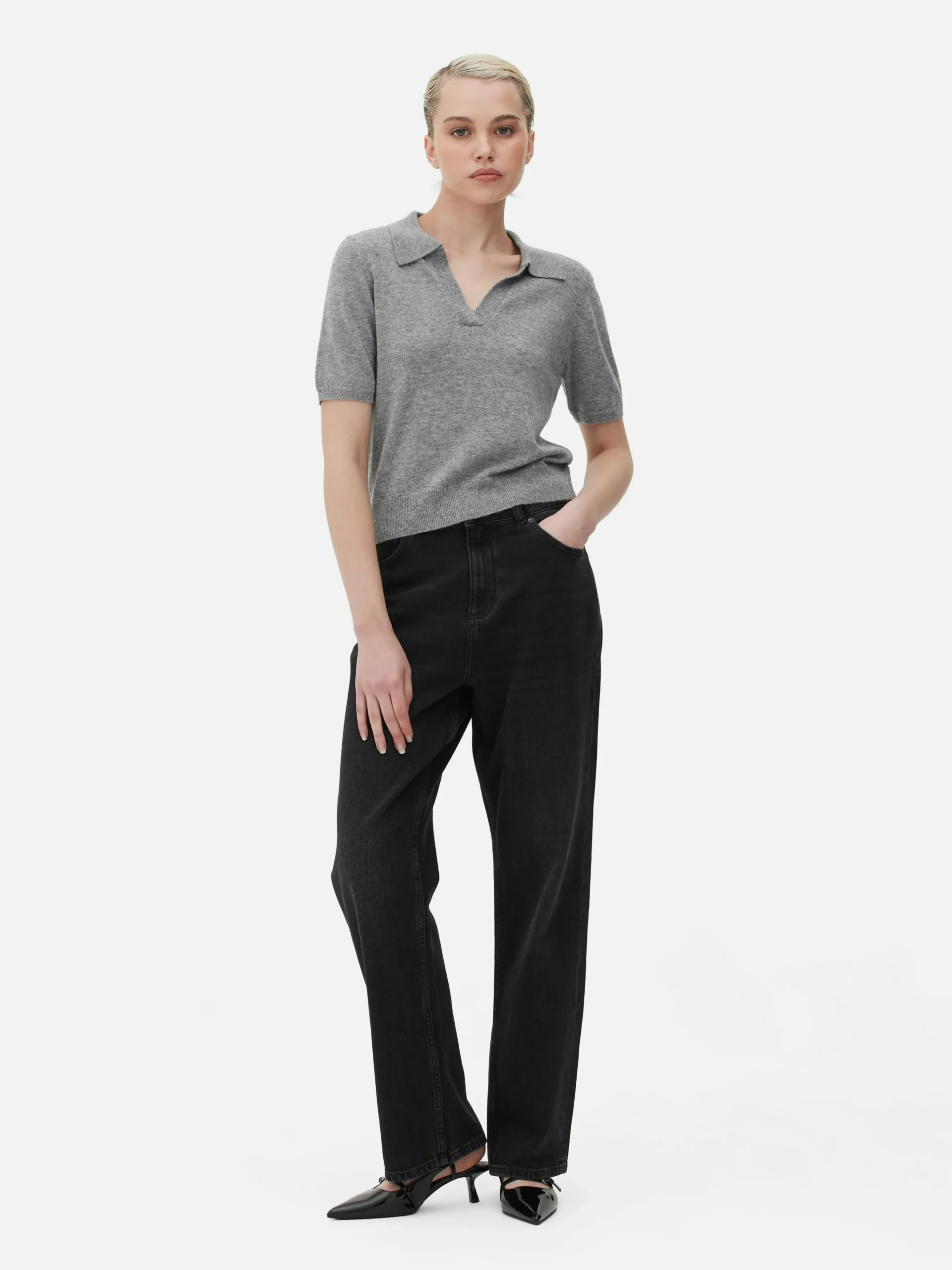 Fine Knit Collared Short Sleeve Top
