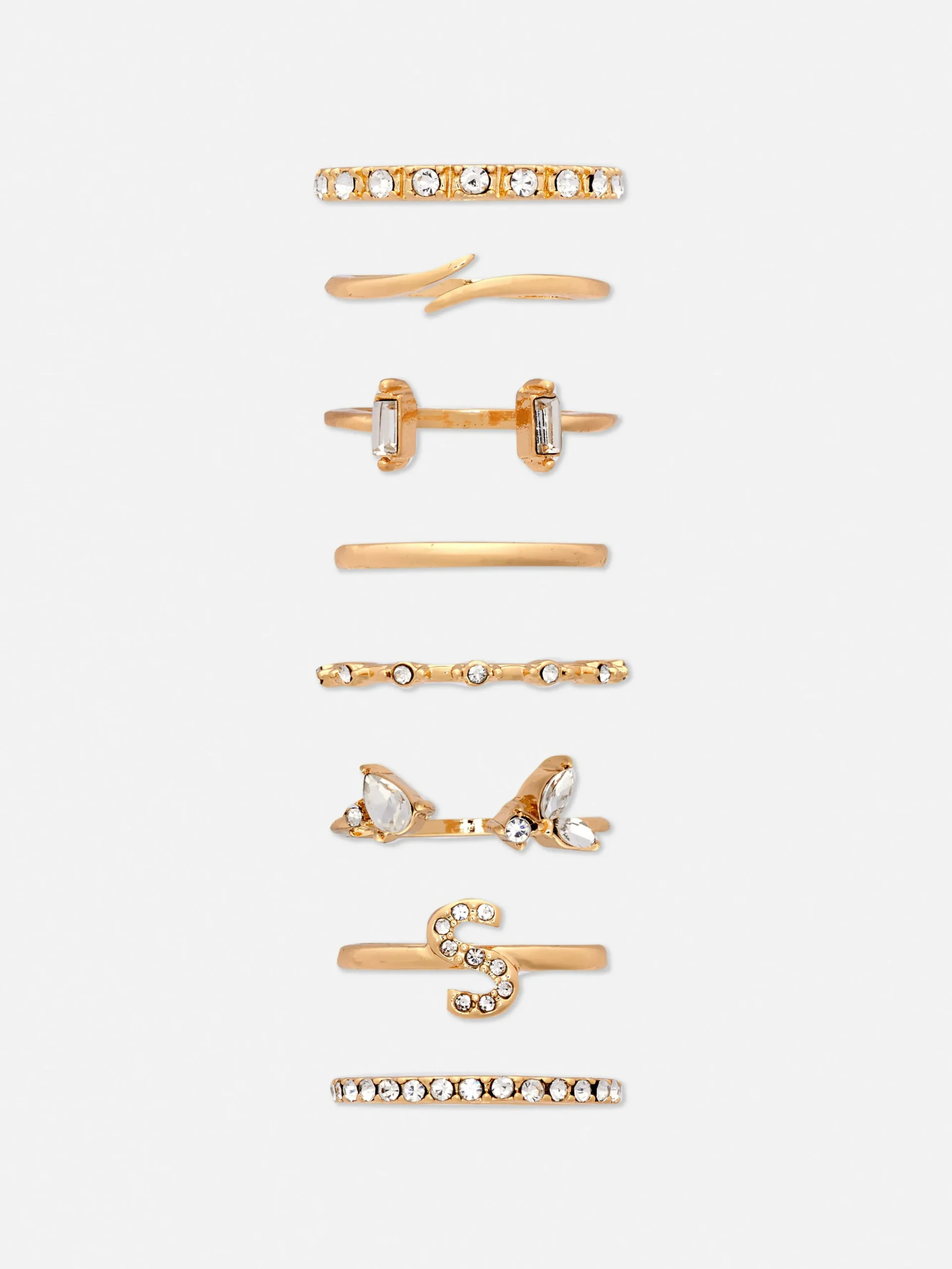 8-Pack Rhinestone Initial Rings
