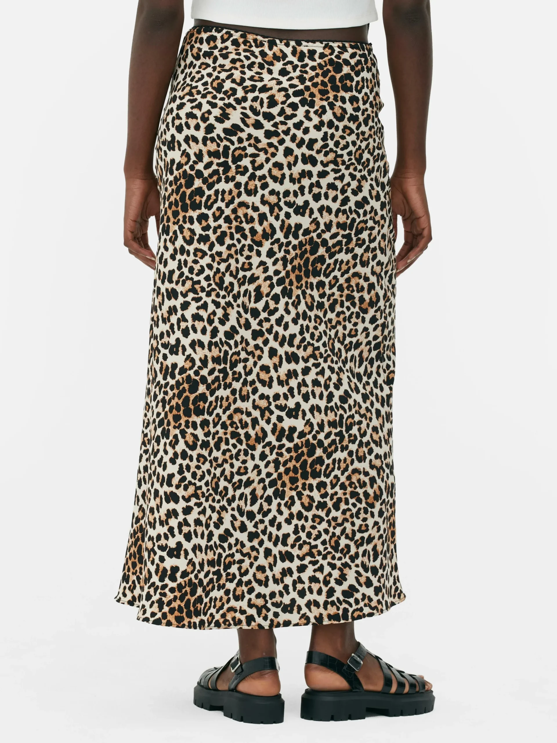 Picot Waistband Leopard Print Midi Skirt