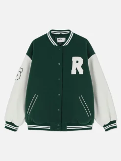 Rita Ora Bouclé Letter Varsity Jacket