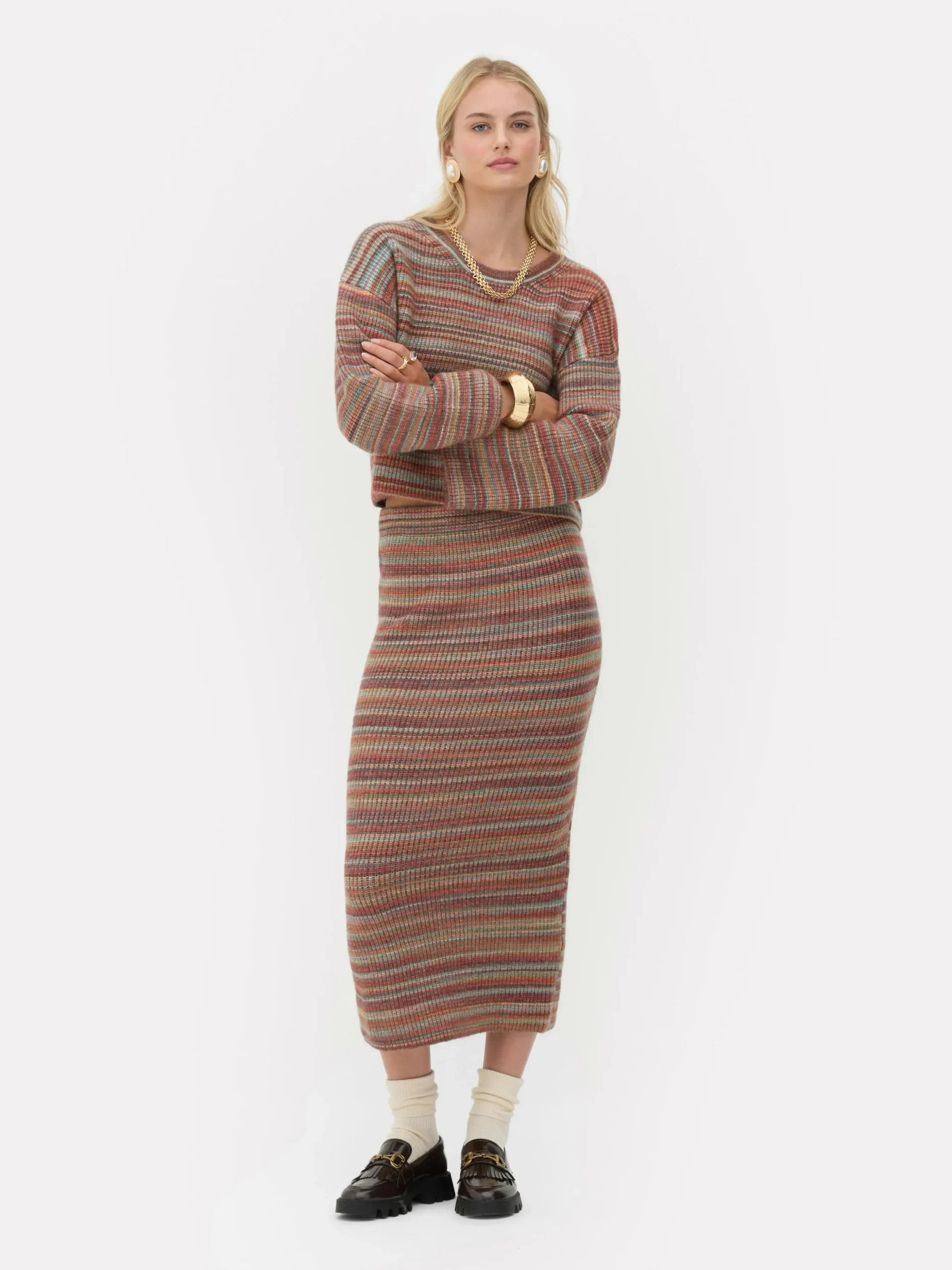 Rita Ora Striped Knit Midi Skirt