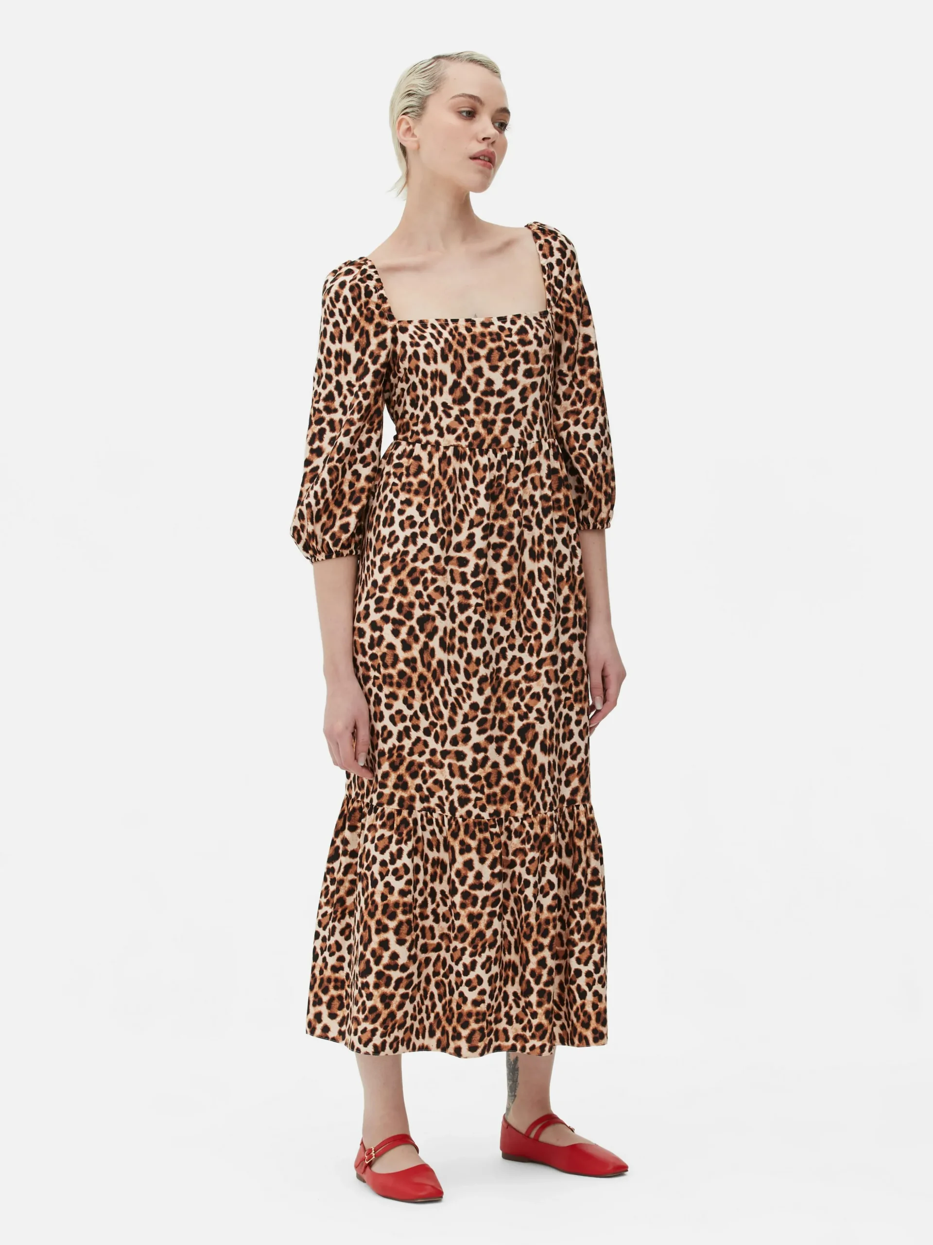 Square Neck Leopard Midi Dress