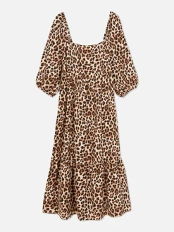 Square Neck Leopard Midi Dress