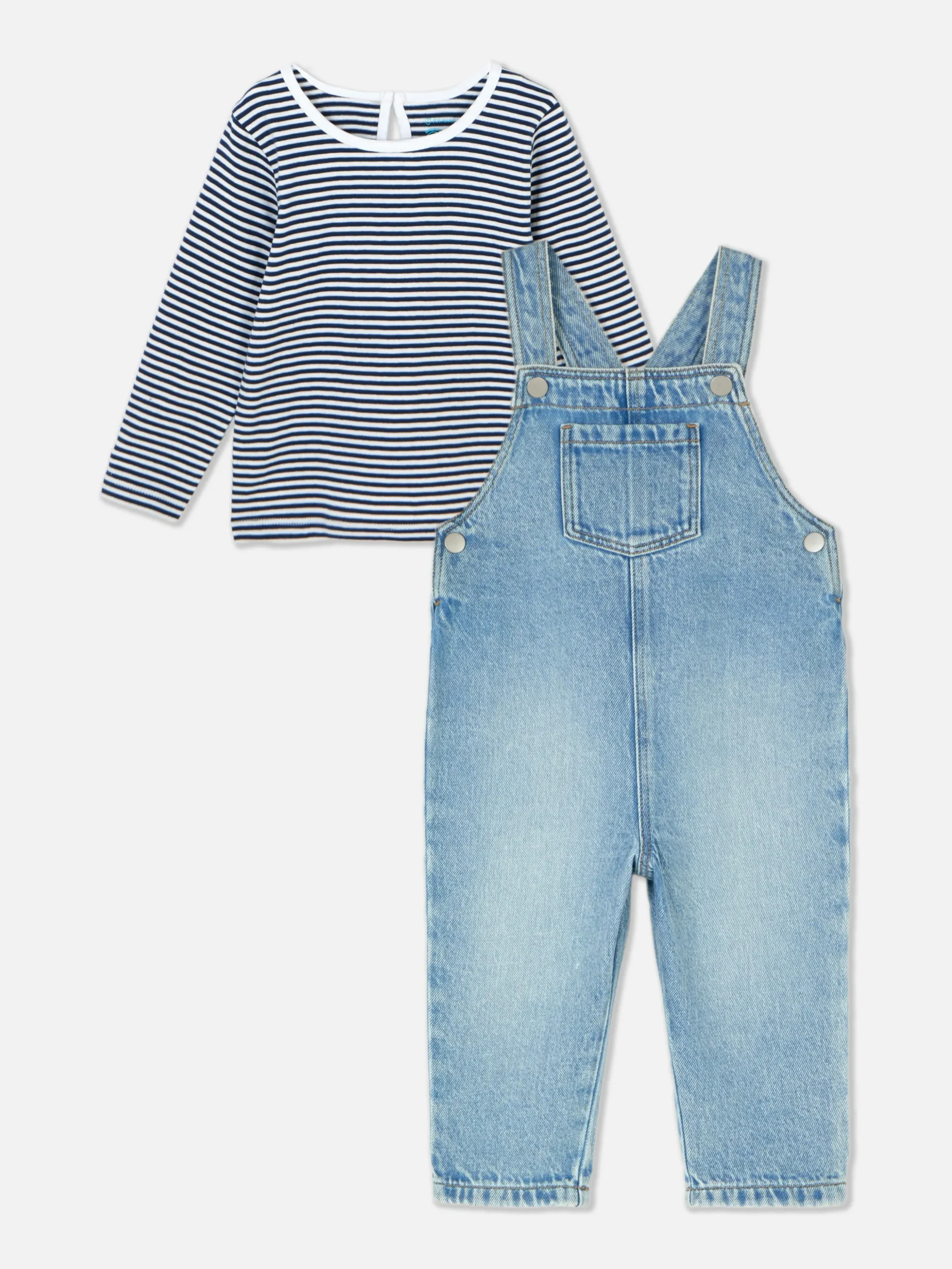 Striped Long Sleeve T-Shirt And Denim Overalls Set