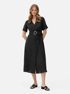 V-Neck Belted Midi Dress